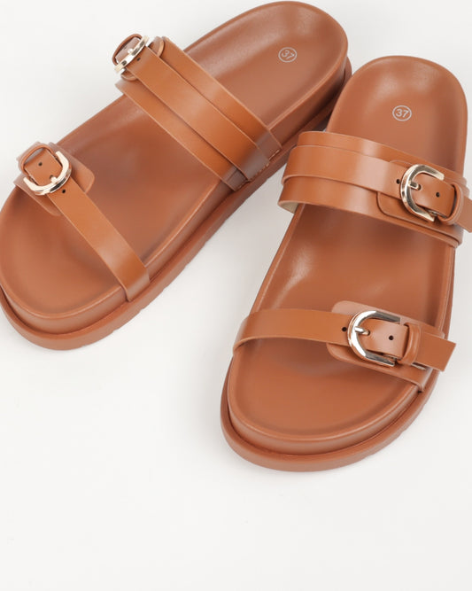 Flat Buckle Sandals - Camel