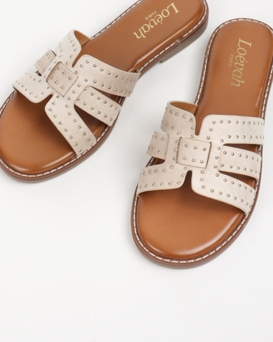 Flat Studded Sandals - Beige