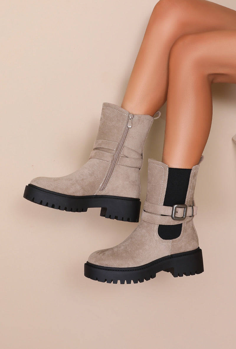 Bottines Suédine Boucle Semelle Chunky- Taupe