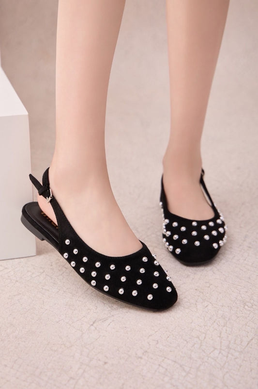 Ballerines slingback en daim avec clous- Noir