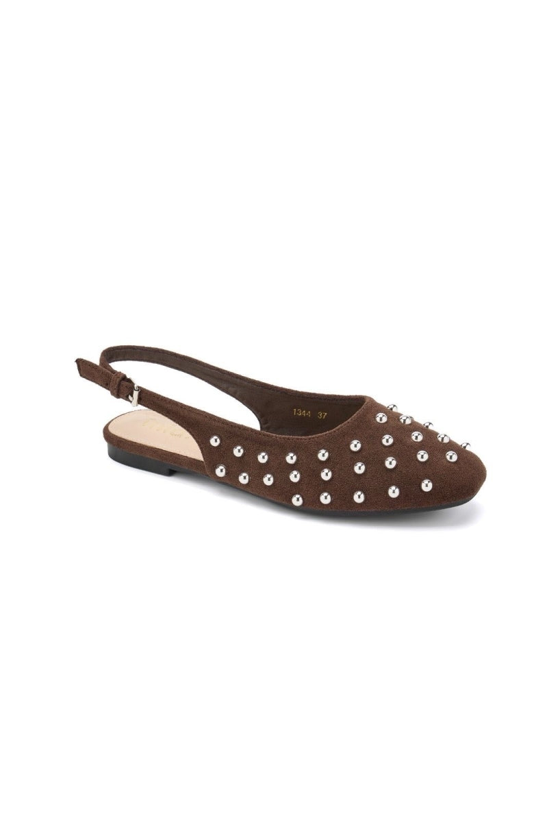 Ballerines slingback en daim avec clous- Marron