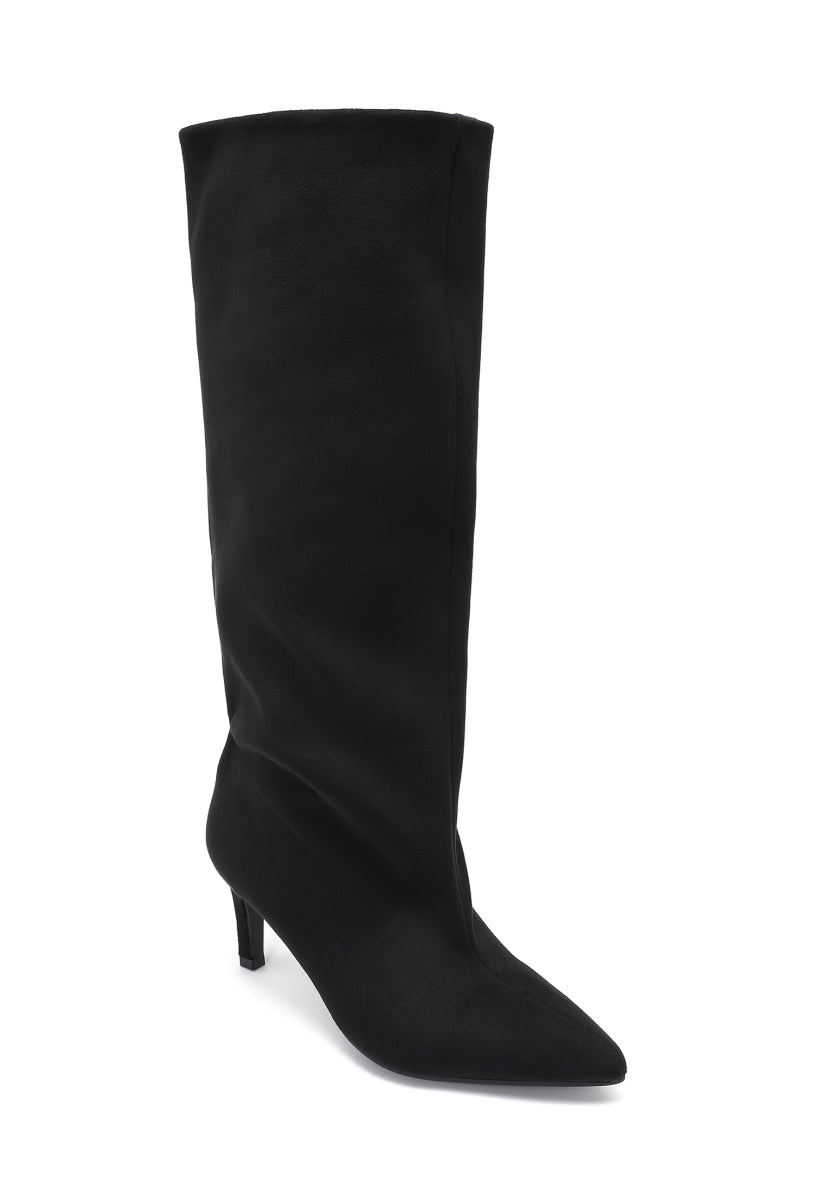 Faux Suede Stiletto Knee-High Boots - Black