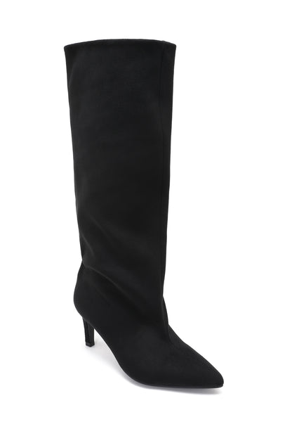 Faux Suede Stiletto Knee-High Boots - Black