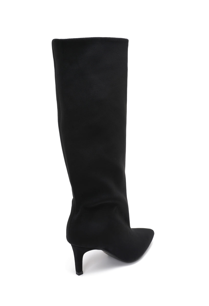 Faux Suede Stiletto Knee-High Boots - Black