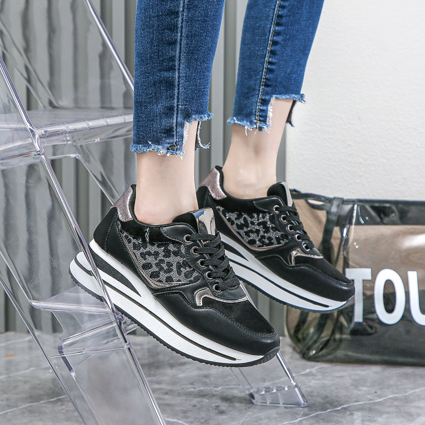 Baskets compensées à strass léopard- Noir