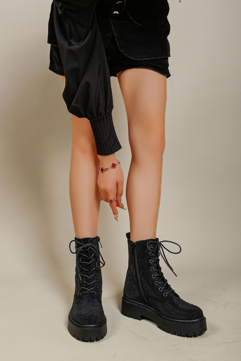 Bottines chunky à lacets en strass- Noir