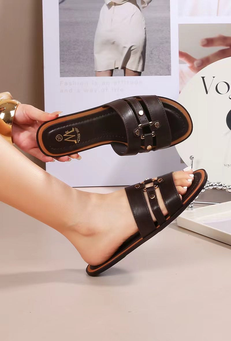 Multi-Strap Flat Sandals - Brown