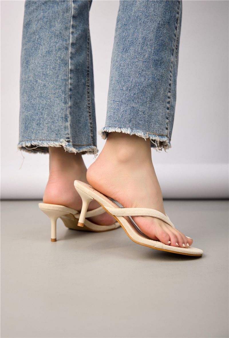 Heeled Thong Mules - Beige