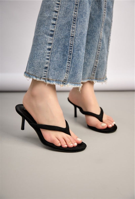 Heeled Thong Mules - Black
