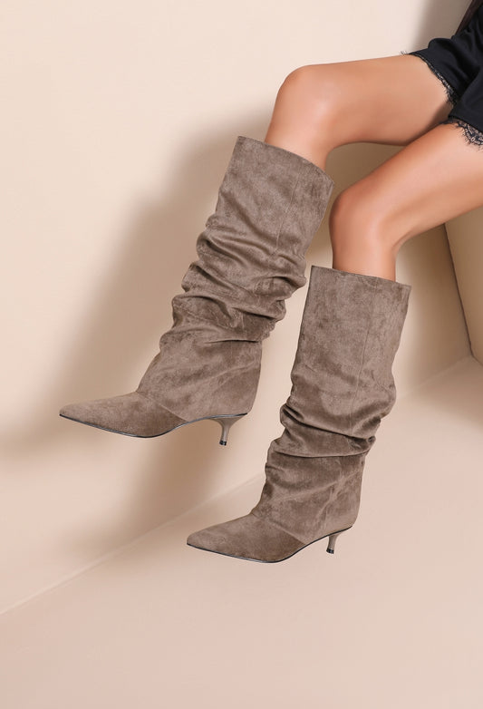 Bottes Souples Suédine Talon Fin- Taupe
