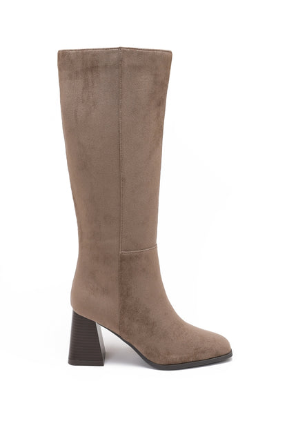 Faux Suede High Boots Wooden Heel - Taupe