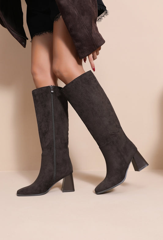 Bottes Hautes Suédine Talon Bois- Marron
