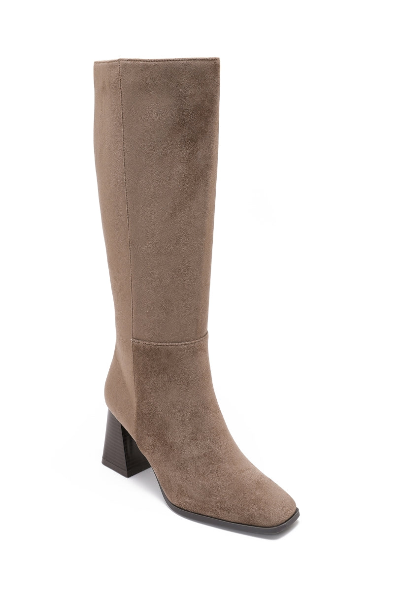 Faux Suede High Boots Wooden Heel - Taupe