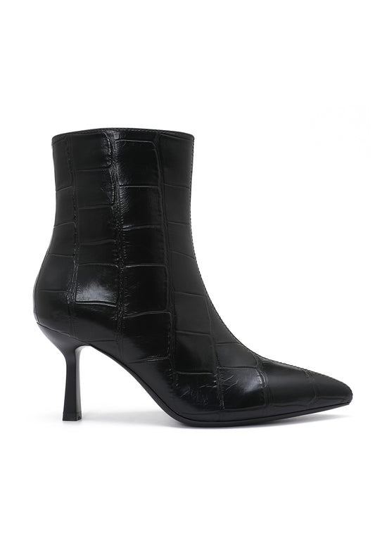 Croc Print Stiletto Ankle Boots - Black