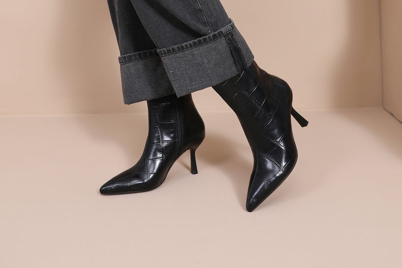 Bottines Croco Talon Fin- Noir