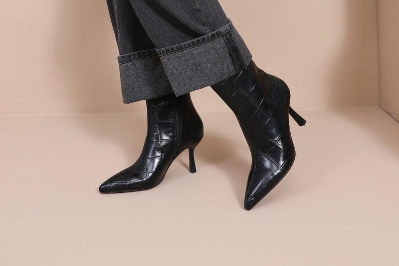 Bottines Croco Talon Fin- Noir