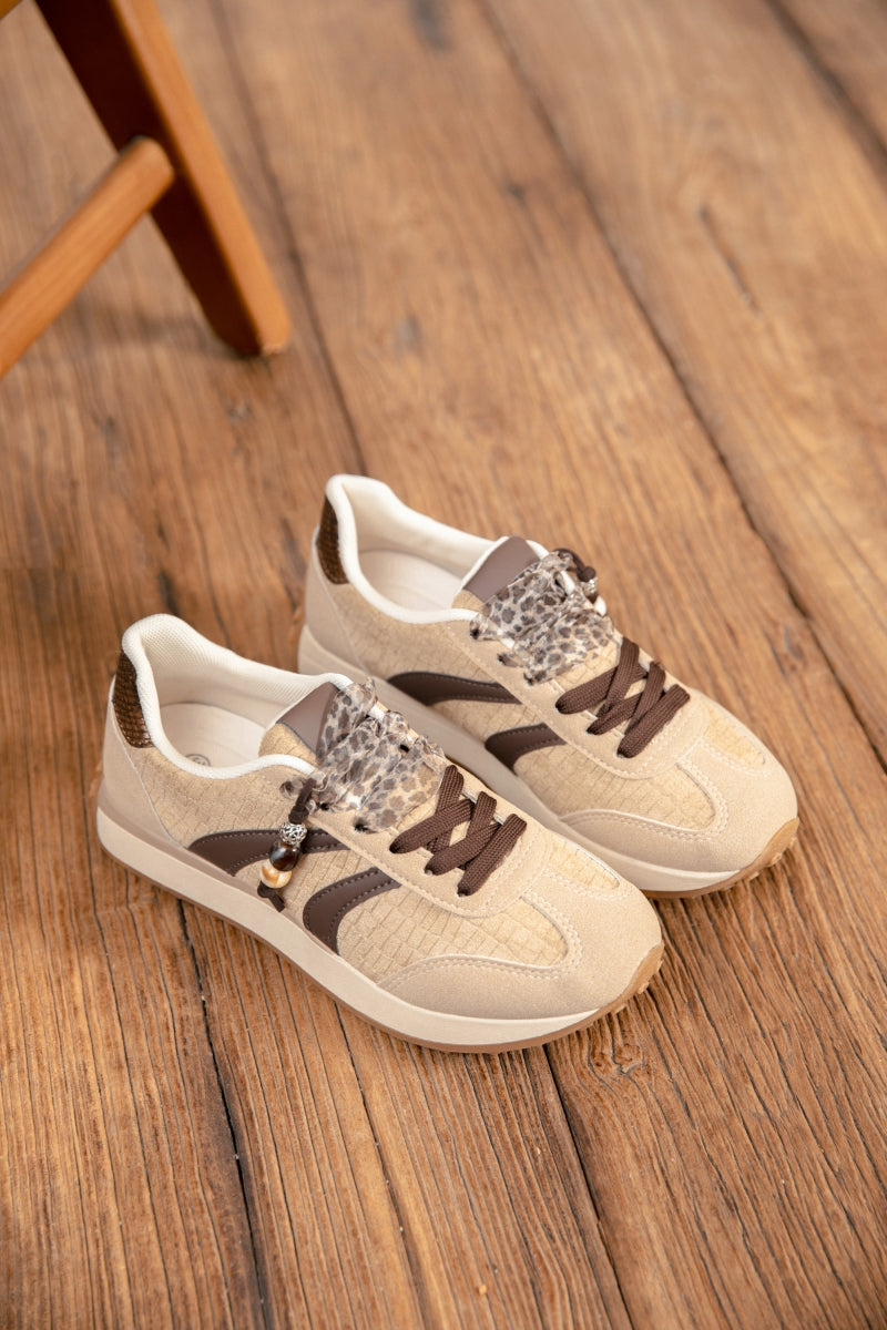 Baskets compensées avec double lacets- Beige