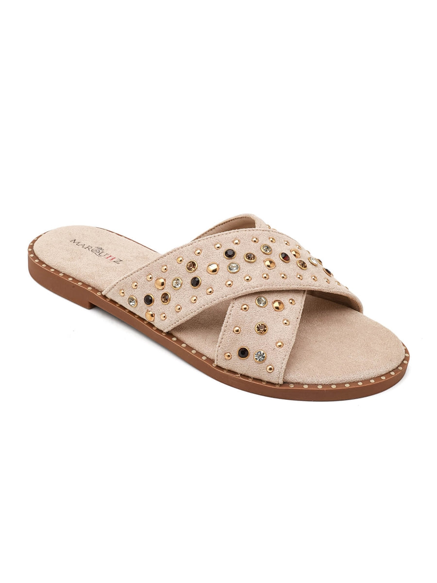 Studded cross-strap slides - Beige