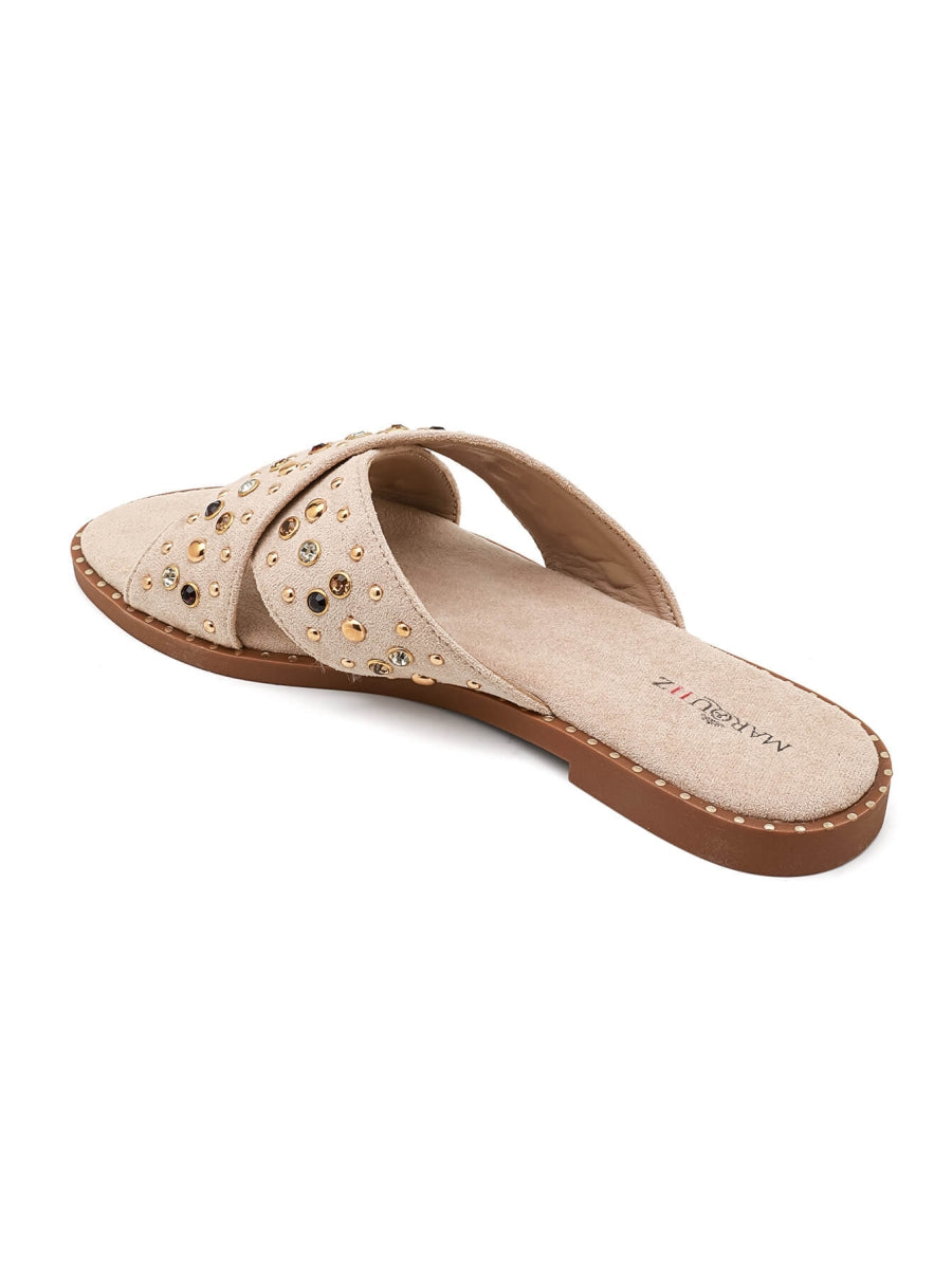 Studded cross-strap slides - Beige
