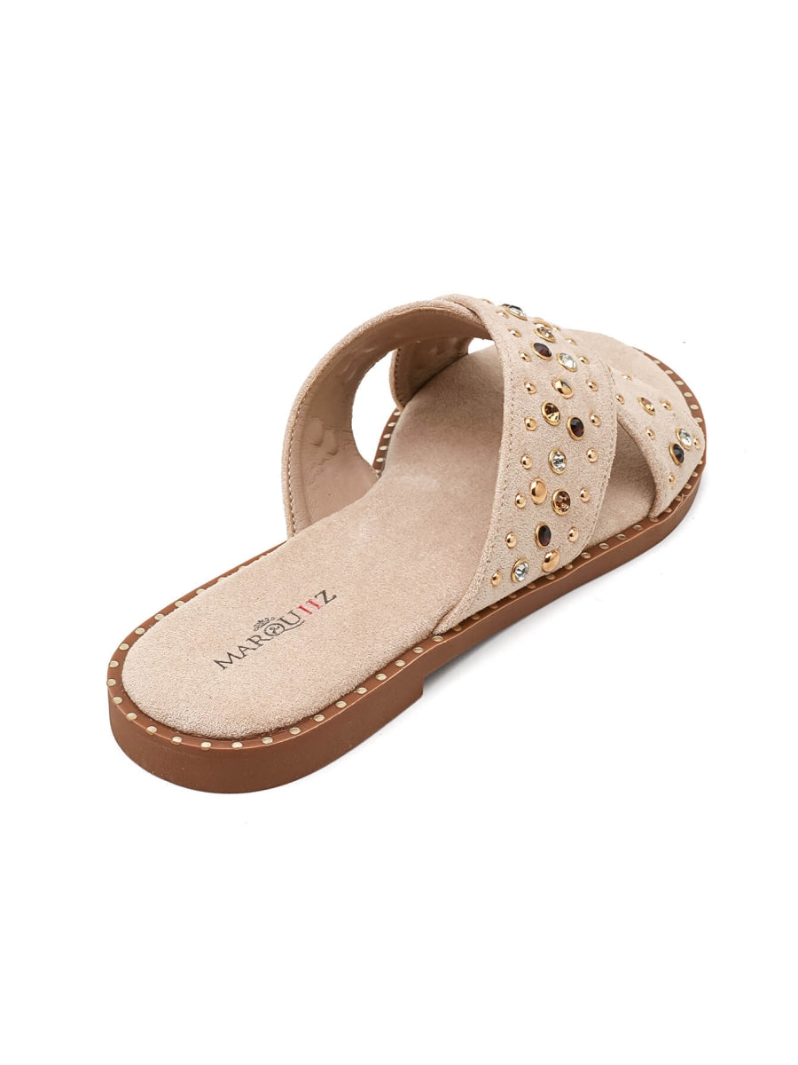 Studded cross-strap slides - Beige