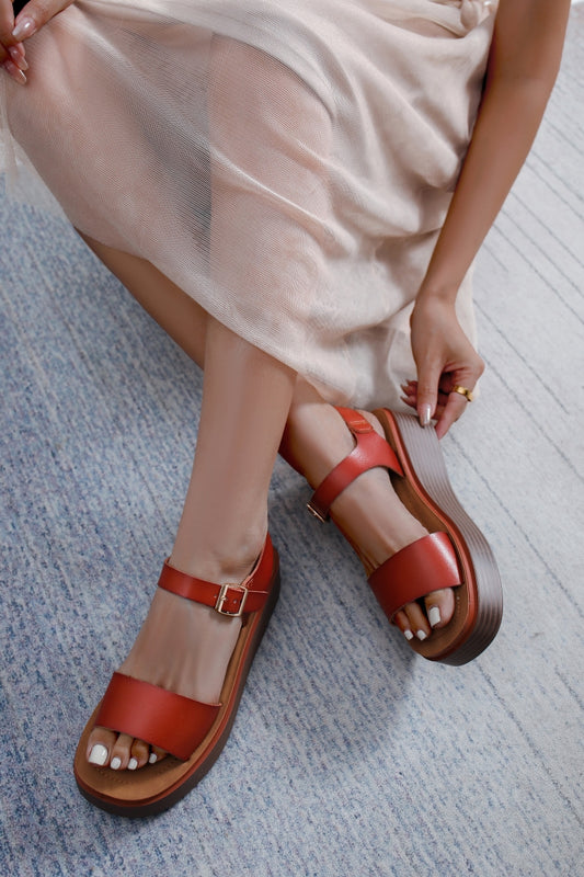 Camel Wedge Sandals with Straps
