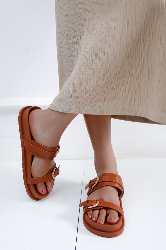 Flat Buckle Sandals - Camel