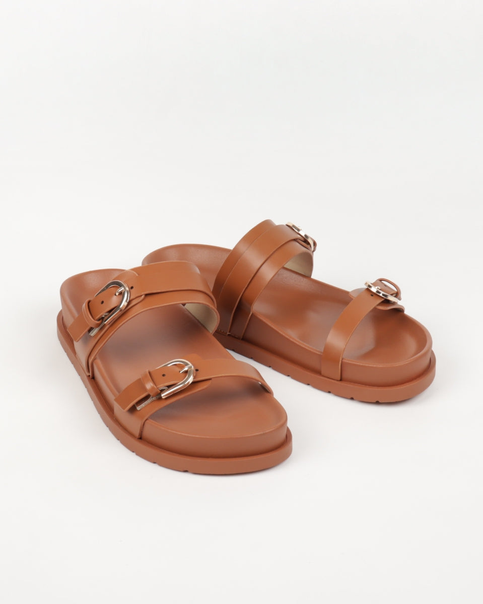 Flat Buckle Sandals - Camel