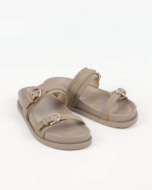 Flat Sandals with Buckle - Beige