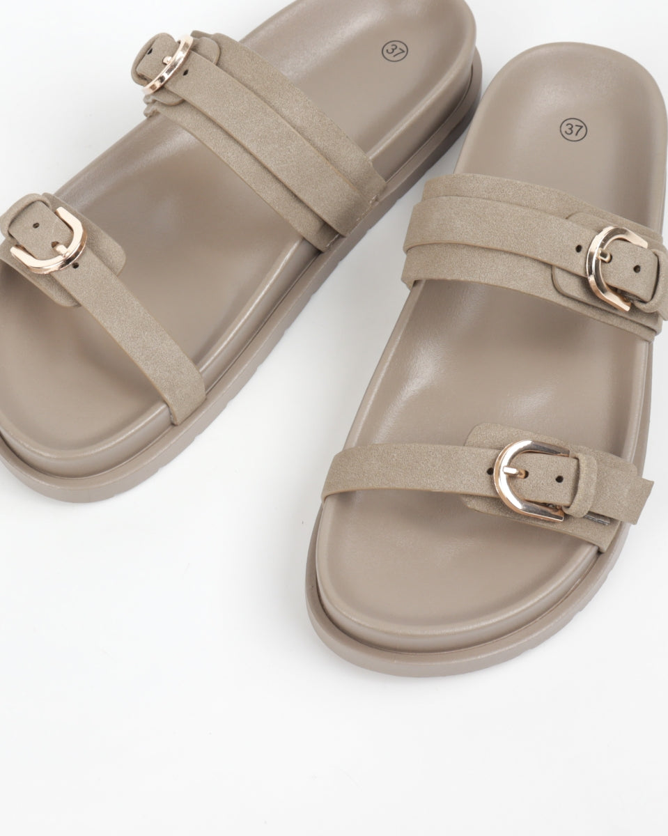 Flat Sandals with Buckle - Beige