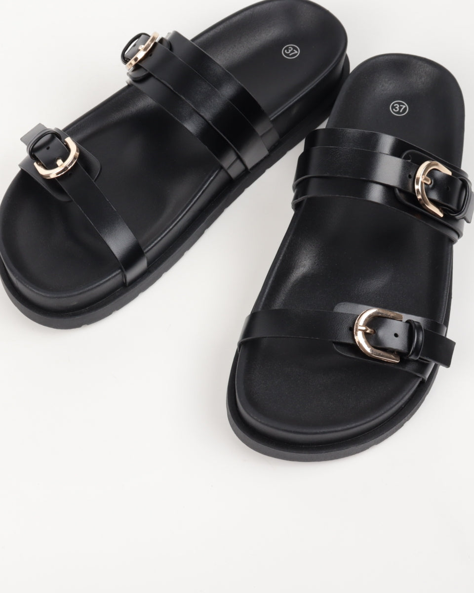 Flat Buckle Sandals - Black