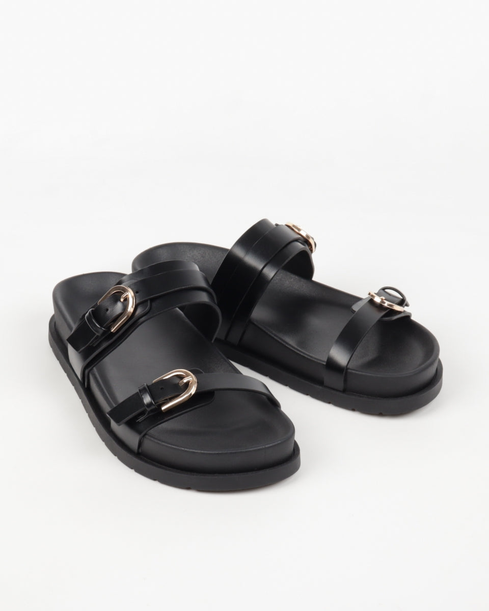 Flat Buckle Sandals - Black