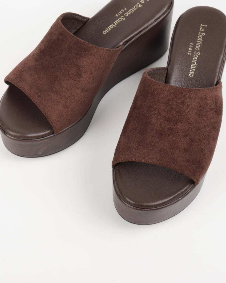 Wood-Effect Wedge Mules - Brown