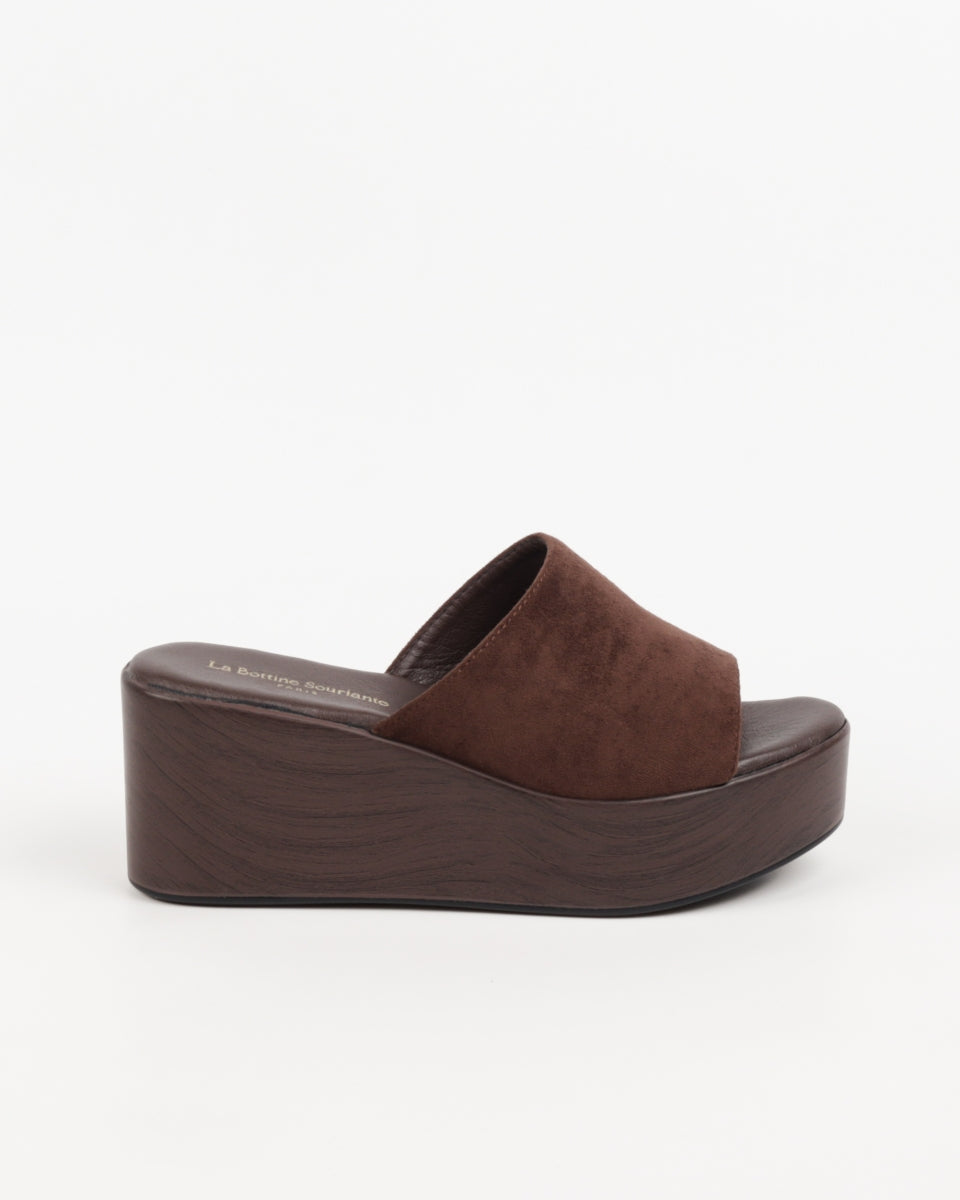 Wood-Effect Wedge Mules - Brown