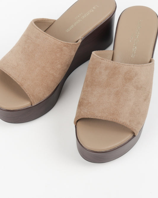 Wood-Effect Wedge Mules - Beige