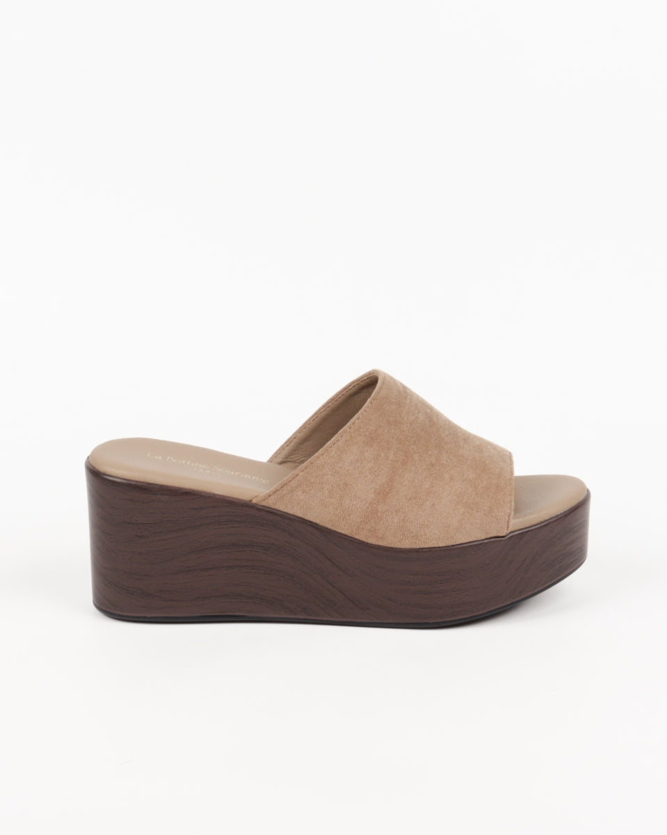 Wood-Effect Wedge Mules - Beige