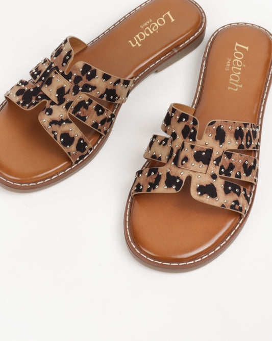 Studded Flat Sandals - Leopard
