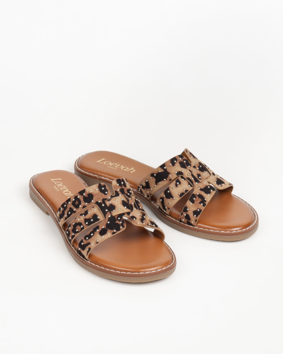 Studded Flat Sandals - Leopard