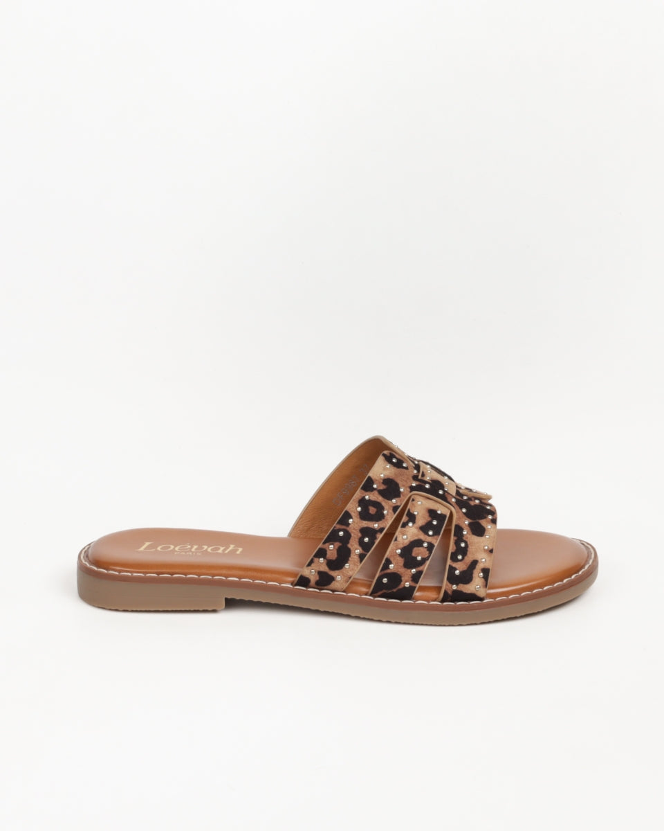 Studded Flat Sandals - Leopard