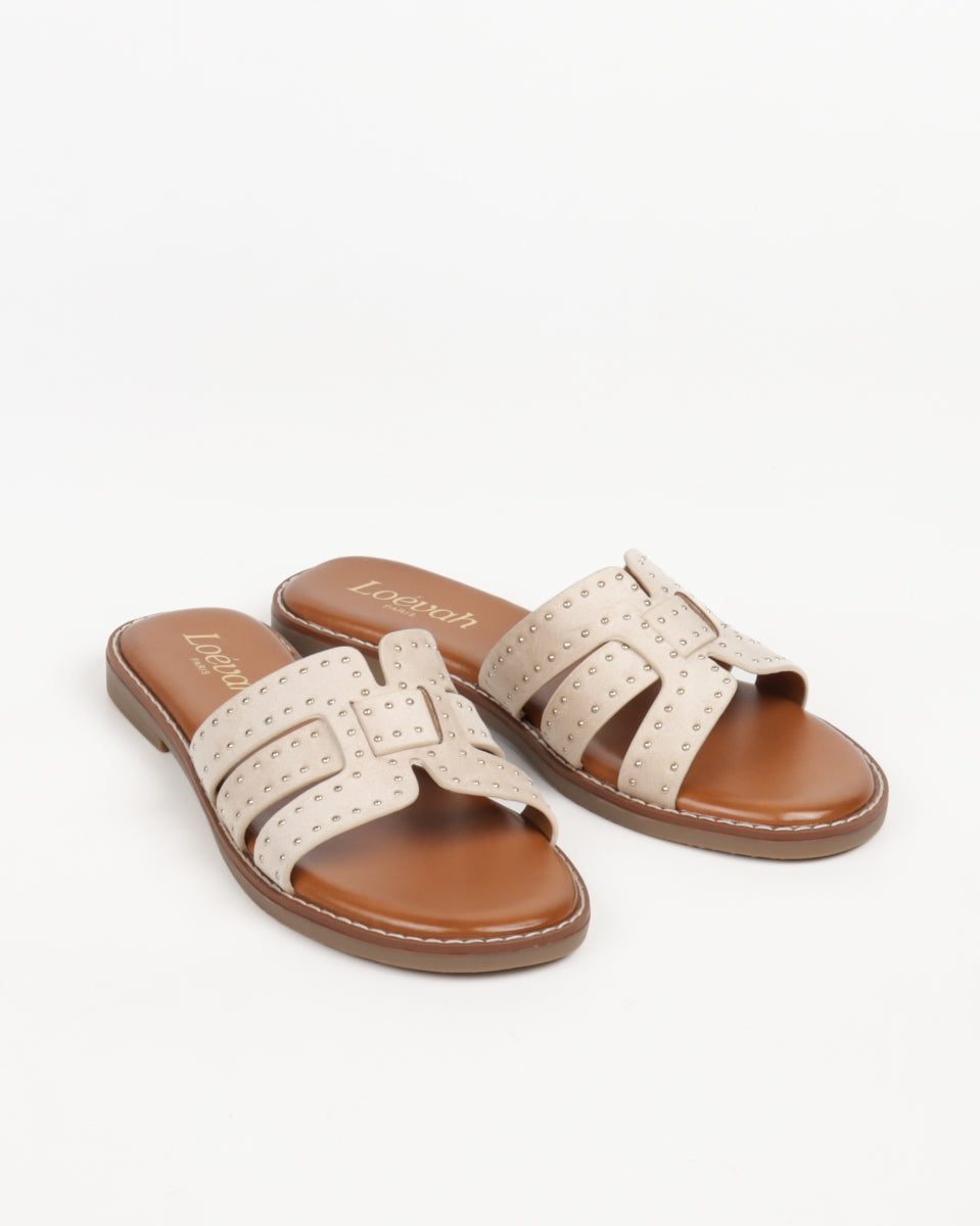 Flat Studded Sandals - Beige
