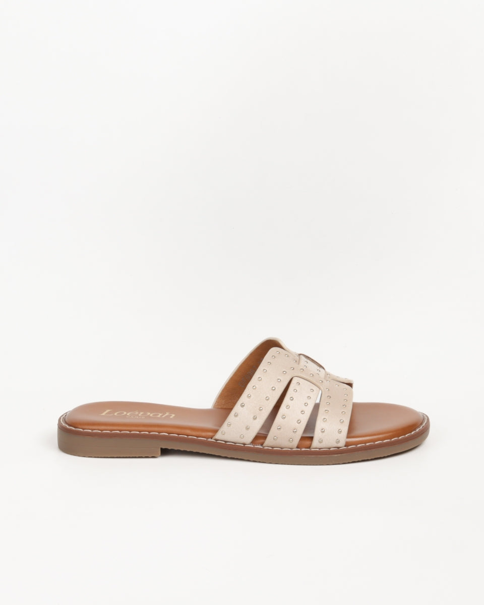 Flat Studded Sandals - Beige
